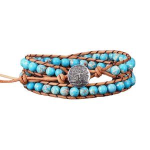 Handmade Double 6mm Turquoise Beads Button Closure Double Wrap Bracelet